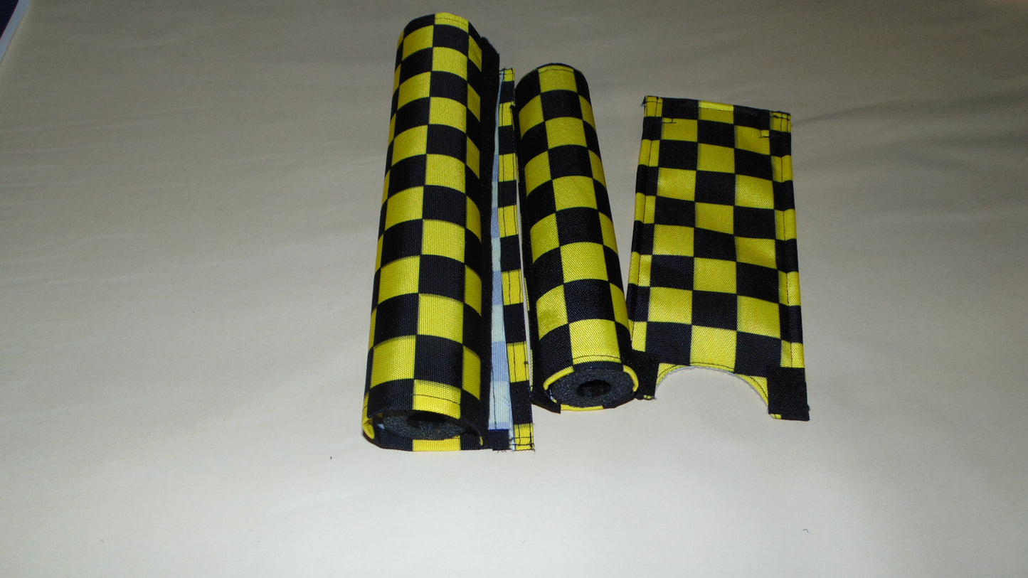 CLASSIC CHECKERED BLACK AND YELLOW BIKE BMX PAD SET STEM HANDLEBAR TOP TUBE BIKE PADS CHECKERED YELLOW BLACK CRASHPADSET
