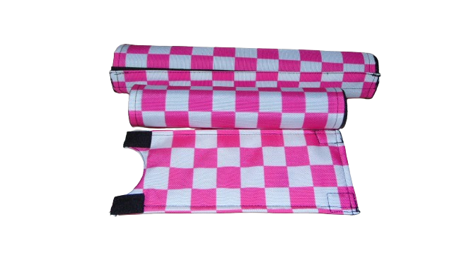 CLASSIC CHECKERED PINK AND WHITE BIKE BMX PAD SET STEM HANDLEBAR TOP TUBE BIKE PADS CHECKERED WHITE PINK CRASHPADSET