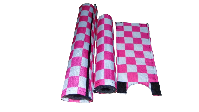 CLASSIC CHECKERED PINK AND WHITE BIKE BMX PAD SET STEM HANDLEBAR TOP TUBE BIKE PADS CHECKERED WHITE PINK CRASHPADSET