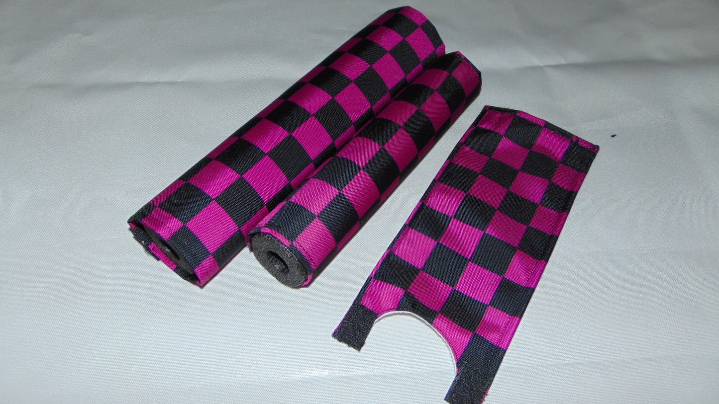 Checkered Purple and Black BMX pads, Black and Purple BMX Crash Pads