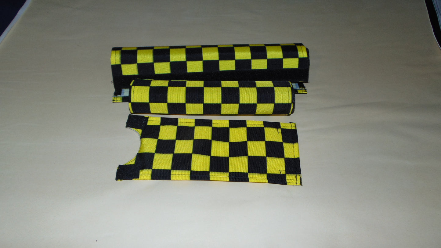 CLASSIC CHECKERED BLACK AND YELLOW BIKE BMX PAD SET STEM HANDLEBAR TOP TUBE BIKE PADS CHECKERED YELLOW BLACK CRASHPADSET