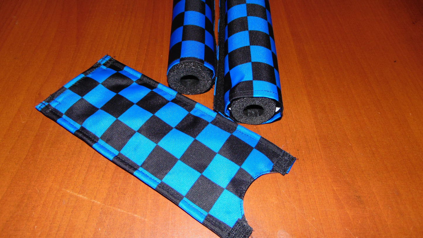 CLASSIC CHECKERED BLUE AND BLACK BIKE BMX PAD SET STEM HANDLEBAR TOP TUBE BIKE PADS CHECKERED BLACK BLUE CRASHPADSET