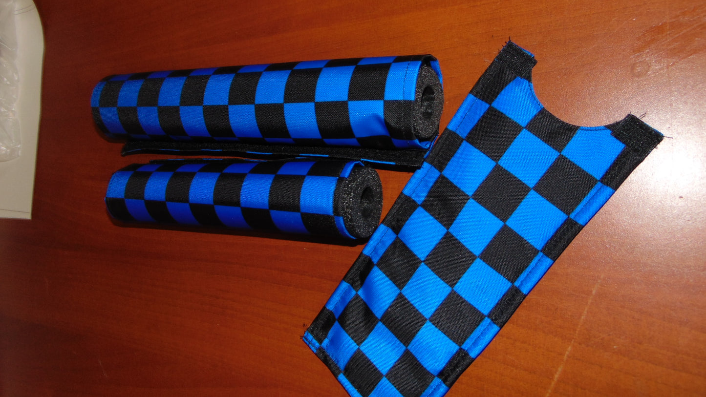 CLASSIC CHECKERED BLUE AND BLACK BIKE BMX PAD SET STEM HANDLEBAR TOP TUBE BIKE PADS CHECKERED BLACK BLUE CRASHPADSET