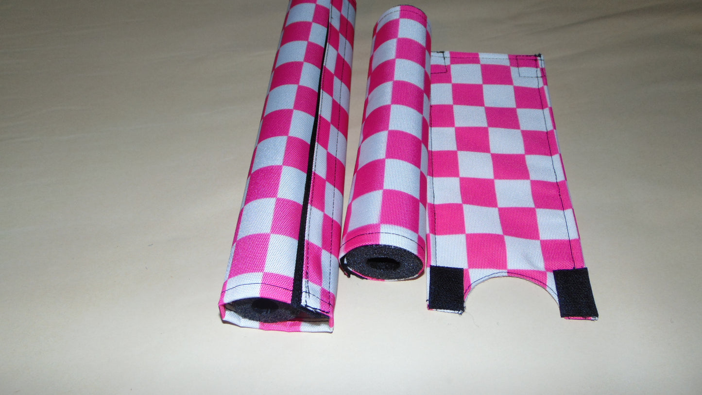 CLASSIC CHECKERED PINK AND WHITE BIKE BMX PAD SET STEM HANDLEBAR TOP TUBE BIKE PADS CHECKERED WHITE PINK CRASHPADSET