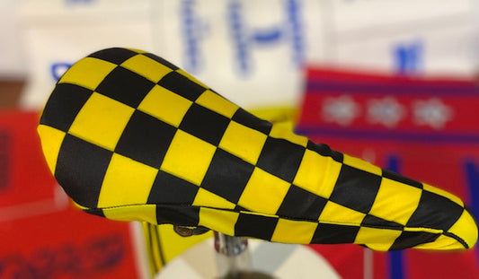 BMX Bicycle Seat Cover Vintage Style Van Max Bike Saddle Cover Old School Checked Yellow and Black